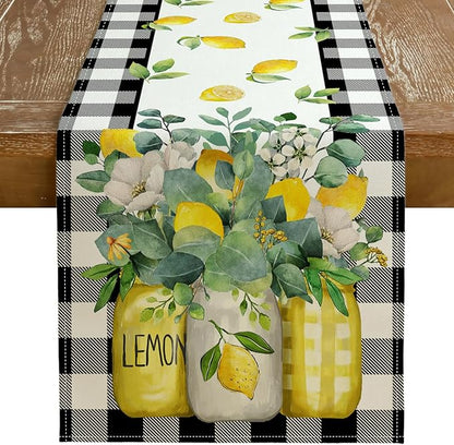 Black Buffalo Check Summer Table Runner 13 x 120 Inch, Lemon Vase Spring by GEEORY