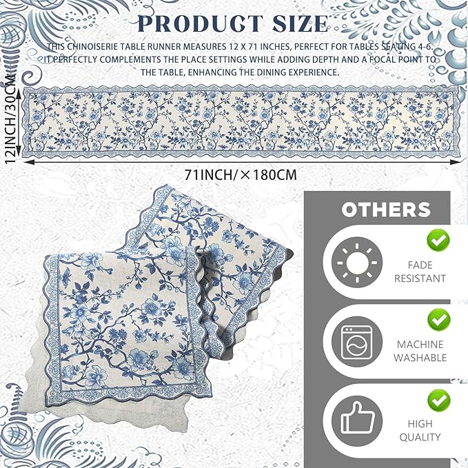 HunnmingRe 71x12 Inch Chinoiserie Table Runner Blue and White Floral Table - Image 2