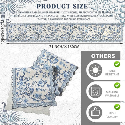 HunnmingRe 71x12 Inch Chinoiserie Table Runner Blue and White Floral Table - Image 2