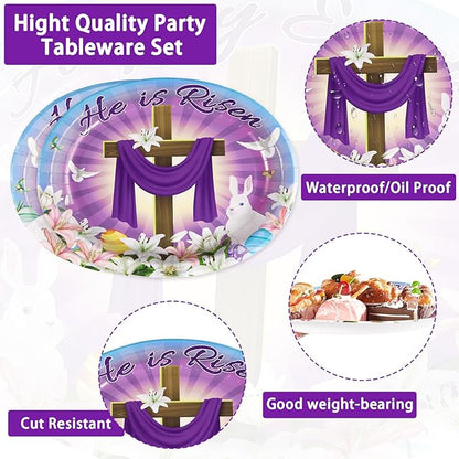 50PCS He is Risen Oval Paper Plates 10" X 12" Disposable Easter Jesus Plates Happy Easter Paper Plates Cross Easter Tableware for Spring Lily Floral Religion Christ Easter Day Party Decorations