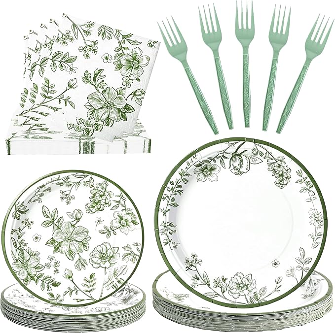 100 Pcs Disposable Sage Green Flower Tableware Set by Unknown