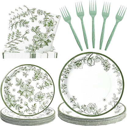 100 Pcs Disposable Sage Green Flower Tableware Set by Unknown