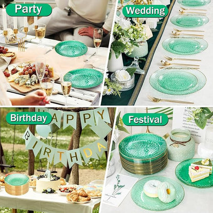 Rubtlamp 60 Pcs Green Gold Plastic Plates, Hammered Plastic Salad Plates, Green Disposable Plates With Gold Rim,7 Inch Disposable Dessert Platos, Disposable Dessert Appetizer Platos for Party