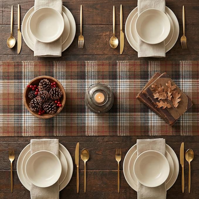 Artoid Mode Coffee Brown Farmhouse Plaid Retro Fall Table Runner, Thanksgiving - Image 3