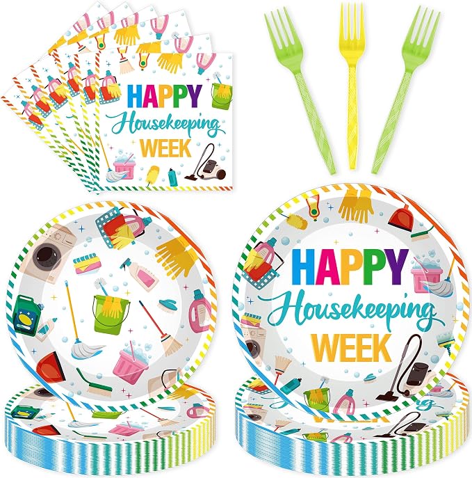 96Pcs Housekeeping Week Decorations, Cleaning Icons Plates Napkins Forks by EoBeCy