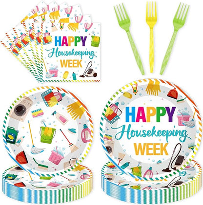 96Pcs Housekeeping Week Decorations, Cleaning Icons Plates Napkins Forks by EoBeCy