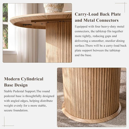 T4TREAM 47" Fluted Round Dining Table for 4-6, Mid-Century Modern Kitchen Table with Thickened Edge & Cylindrical Base for Dining Room, Kitchen, Living Room,Natural Oak(Table Only)