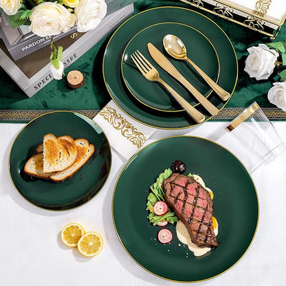 YOUBET 175PCS Green Plastic Plates - Green and Gold Disposable Plates Include 50 Plate, 75 Silverware, 25 Cups, 25 Napkins for Wedding & Party