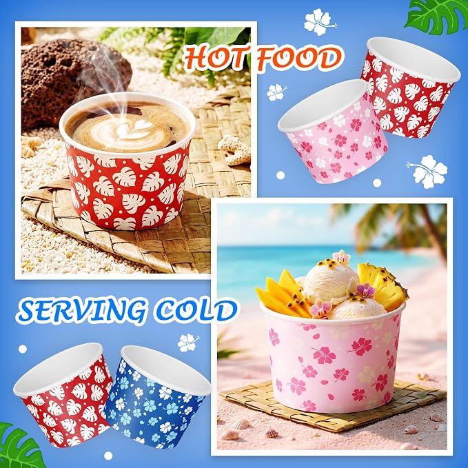 CHENGU 60 Pcs 9 oz Hawaii Hibiscus and Tropical Leaves Ice Cream Cups, Tropical - Image 3