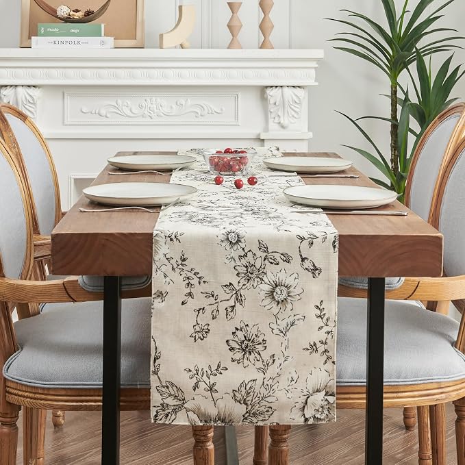 jinchan Black Floral Linen Table Runner 13 x 108 Inch Farmhouse | Vintage - Image 7