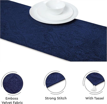 Encasa XO Table Runner, Embossed Velvet, Elegant 13"x94" | Navy Blue, 175 GSM - Image 3