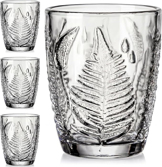 Clear Drinking Glasses Set of 4, 10 oz Glass Cups, Vintage Fern Glassware | by QELVIO