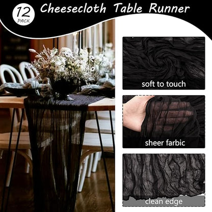 12 Pack Boho Gauze Table Runner 35x72 Inch - Rustic Cheese Cloth Long Table Runner for Wedding, Bridal Shower, Birthday Party Decor (Black)