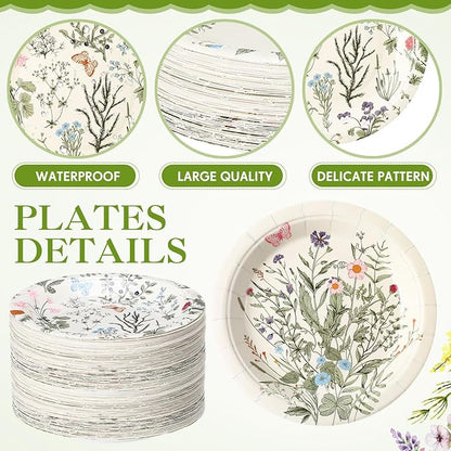 60 Pcs 7 Inch Vintage Wildflower Paper Plates Retro Flower Plant Herb Decorations Tableware Butterfly Dinnerware Decoration for Spring Summer Garden Home Picnic Decoration Supplies