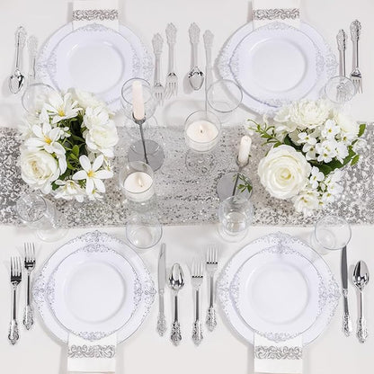 Nervure 100Pcs White and Silver Plastic Plates - 7.5 inch White Plastic Plates with Silver Rim - Disposable Dessert Plate for Wedding & Party