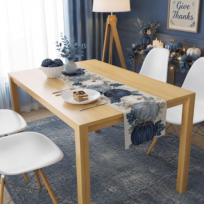 Fall Decor - Blue and White Pumpkin Table Runner | Thanksgiving Decorations | - Image 5