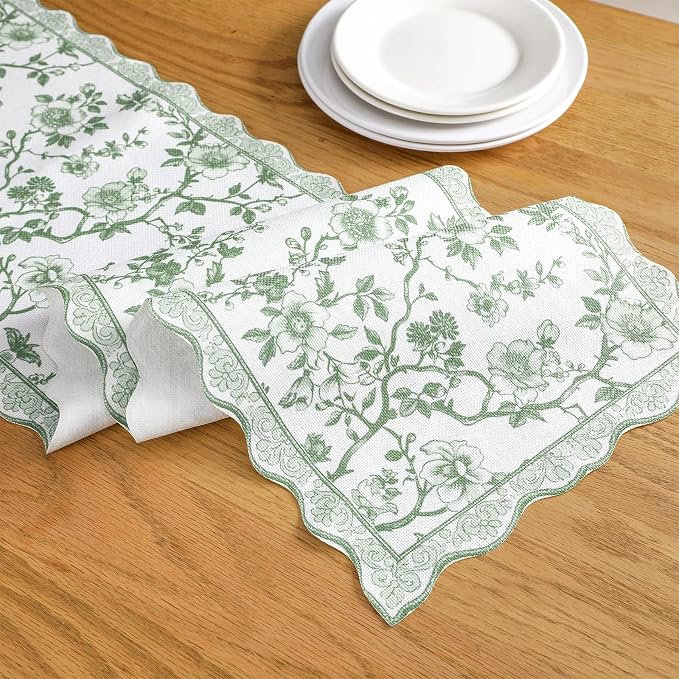 HunnmingRe 71x12 Inch Sage Green Floral Table Runner Vintage Table Runner - Image 2