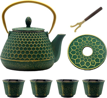 YJX Cast Iron Teapot and Cups Set, 33.8oz Hexagon Pattern Tea Pot Enameled by YJX