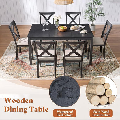 AMERLIFE 7-Piece Farmhouse Dining Table Set with 6 Upholstered Chairs, 60" Space-Saving Dining Table & Chair Set for Dining Room, Kitchen, Small Apartment, Restaurant, Grey