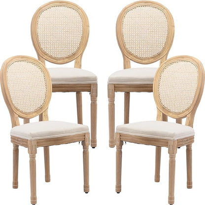 Vintage French Rattan Dining Chairs Set of 4, Solid Wood Frame with Round Rattan Back and Linen Upholstered Seat, Farmhouse Accent Sillas de Comedor Side Chairs for Dining Room & Kitchen, Beige