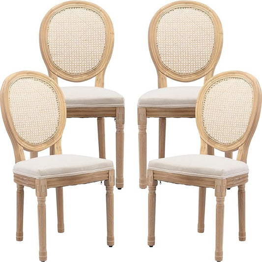 Vintage French Rattan Dining Chairs Set of 4, Solid Wood Frame with Round Rattan Back and Linen Upholstered Seat, Farmhouse Accent Sillas de Comedor Side Chairs for Dining Room & Kitchen, Beige