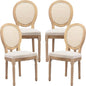 Vintage French Rattan Dining Chairs Set of 4, Solid Wood Frame with Round Rattan Back and Linen Upholstered Seat, Farmhouse Accent Sillas de Comedor Side Chairs for Dining Room & Kitchen, Beige