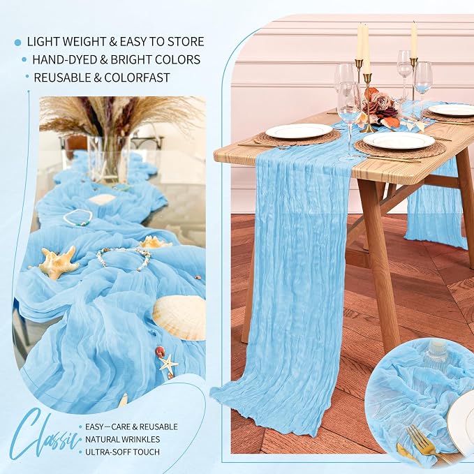 Showgeous 2 Pack Baby Blue Cheesecloth Table Runners Boho Wedding Decor | - Image 5