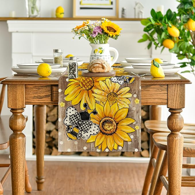 Artoid Mode Wood Sunflower Bee Flower Polka Dot Summer Table Runner, Seasonal - Image 2