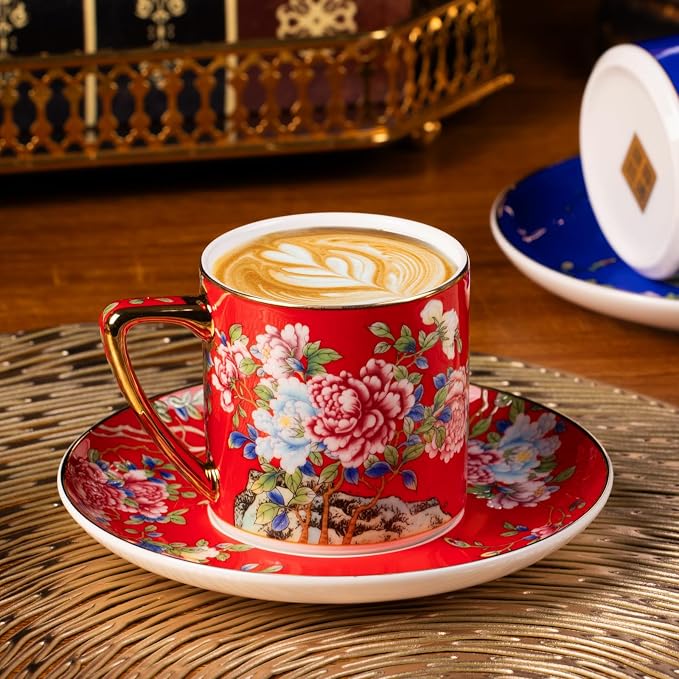 KAMMAK Tea Cup and Saucer, Ceramic Coffee Cups, 7.4 oz, Afternoon Tea and - Image 5