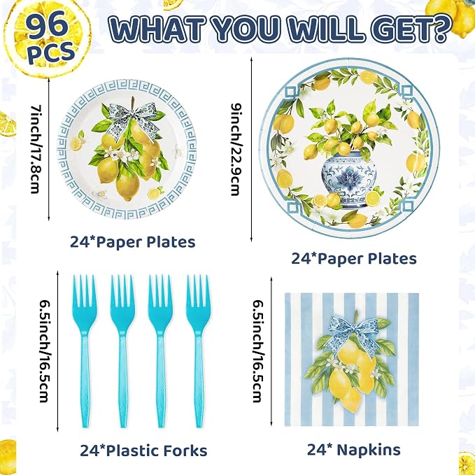 96Pcs Chinoiserie Vase Lemon Party Plates Supplies Capri Lemon Blue White Vase - Image 2