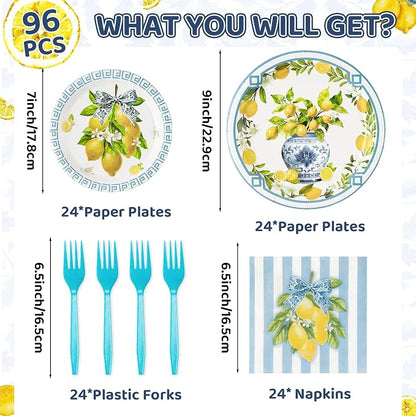 96Pcs Chinoiserie Vase Lemon Party Plates Supplies Capri Lemon Blue White Vase - Image 2