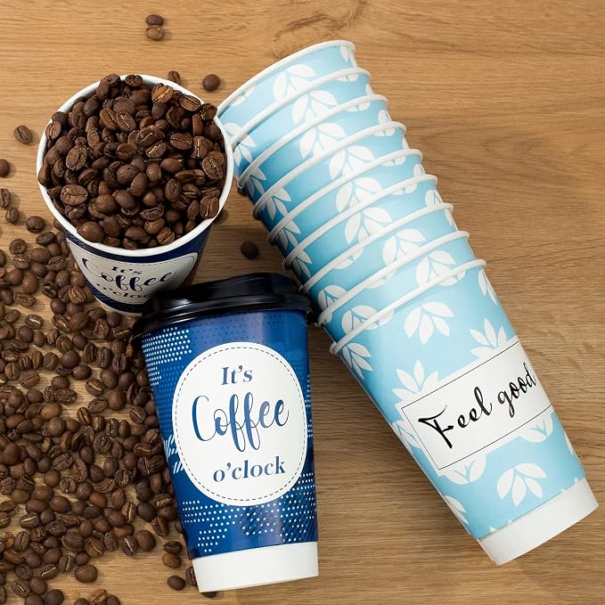 Disposable Coffee Cups with Lids 16 oz, 50 Pack Double-Walled Fun Designs - Image 2