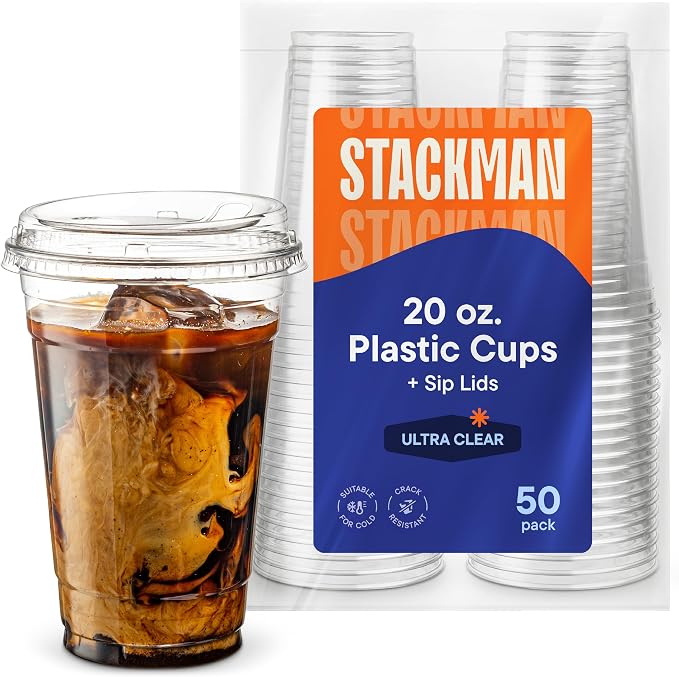 20 oz Clear Plastic Cups with Strawless Sip-Lids PET Crystal Clear Disposable by StackMan