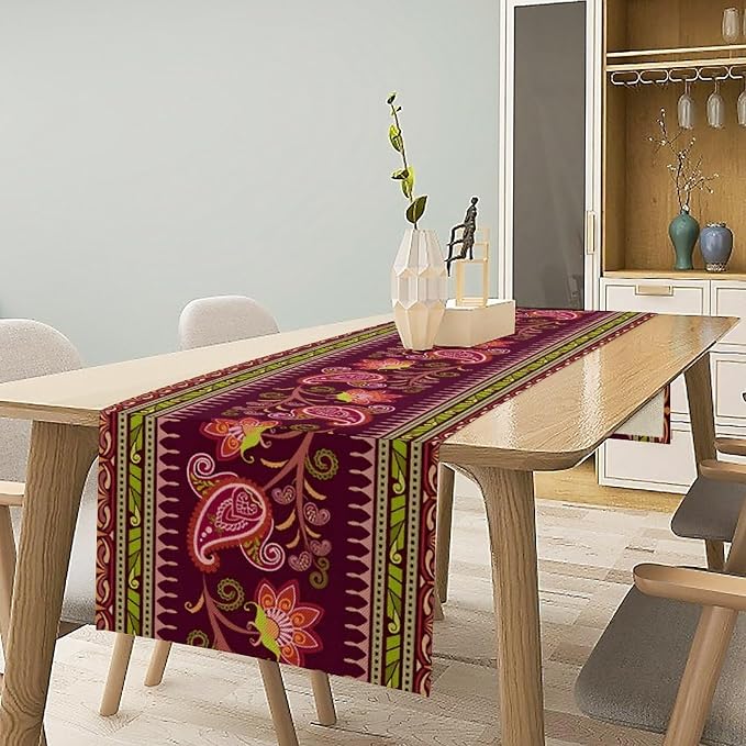 Dark Red Paisley Table Runner, Vintage Boho Paisley Flowers Geometric Print - Image 2