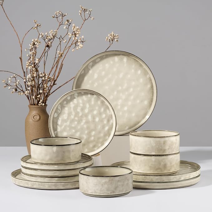 HaWare Dinnerware Sets, 12-Piece Plates and Bowls Set, Saturn Khaki | Stoneware by HaWare