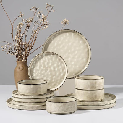 HaWare Dinnerware Sets, 12-Piece Plates and Bowls Set, Saturn Khaki | Stoneware by HaWare