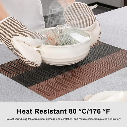 Placemats Set of 8, Vinyl Woven Place Mats Indoor Set of 8 Washable Wipeable PVC Table Mats Heat-Resistant Non Slip Plastic Placemat for Kitchen Dining Outdoor Table (Black Brown, Set of 8)