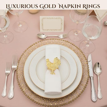 ALPHA Living HOME Set of 12 Rooster Napkin Rings for Farmhouse Table Decor | Premium Metal Chicken Dinnerware Holders | Rustic Kitchen & Holiday Party Table Setting (Gold)