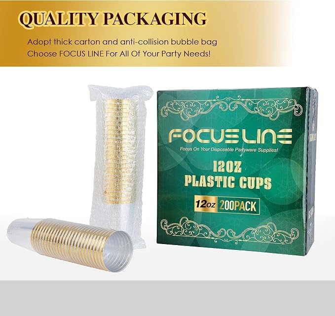 FOCUSLINE 200 Pack 12 oz Gold Rimmed Plastic Cups, Heavy-duty & Fancy - Image 6