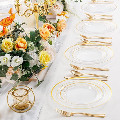I00000 102 Pcs Clear Gold Plastic Plates - Disposable Party Plates, Gold Disposable Include 51 Dinner Plates and 51 Dessert Plates, Plastic Plates for Party, Holiday, Wedding & Birthday