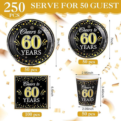 Pickmesh 250 Pcs 60th Birthday Disposable Tableware Set Black and Gold Cheers to 60 Years Disposable Paper Plates Napkins and Cups for 60th Birthday Wedding Anniversary Party Supplies Decorations