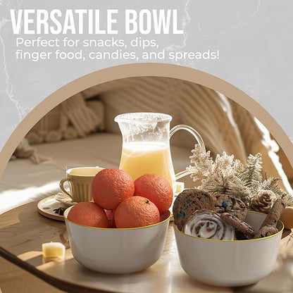 Trendables 24 oz Plastic Bowls Set - Fancy Serving Bowls - Perfect for Ice Cream, Salad, Candy - Disposable (10, Cream Gold Rimmed)