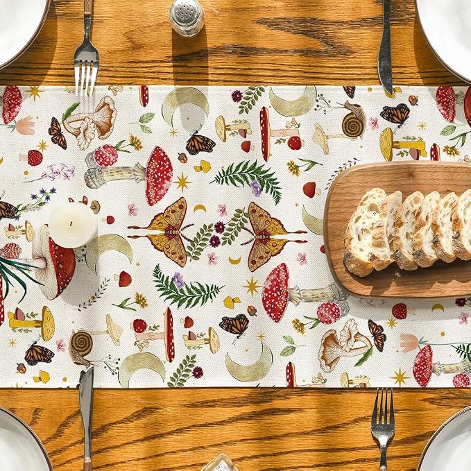 Artoid Mode Beige Modern Mushroom Table Runner, Seasonal Botanic Farmhouse - Image 3
