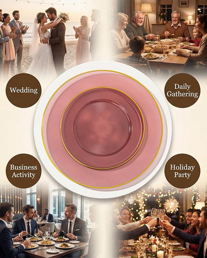 Hioasis 60pcs Burgundy and Gold Plastic Plates - Burgundy Disposable Dinnerware Set, 30pcs Dinner 10.25in & 30pcs Dessert 7.5in Plates with Striped Designs for Party & Wedding
