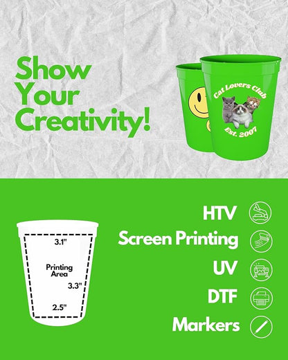 PartyPrints 100 Pack 16 oz Lime Green Reusable Blank Plastic Cups, Stadium Cups - Image 3