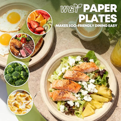W&Y 100 Pack 9 Inch Paper Plates, Heavy-Duty Dinner Plates, Cut Resistant & 100% Compostable Disposable Paper Plate,Leak Proof & Microwave Safe for Parties, Weddings, Catering Events