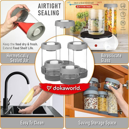Glass Canisters Set - Kitchen Leakproof Seal Food Storage Jars - Coffee Bean Container - Pack of 5 Glass Canisters With Vacuum Airtight Lids for Cereal, Pet Treats, Nuts, Candy
