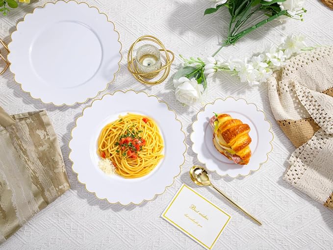 100Pcs White Gold Scalloped Plastic Dinner Plates Set - Image 5