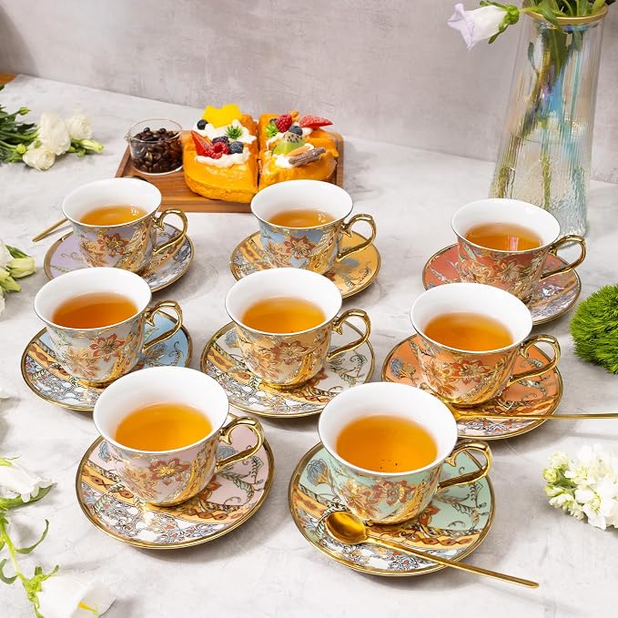 Tea Cups and Saucers Set of 8, 8 OZ Floral Tea Cup - Image 5