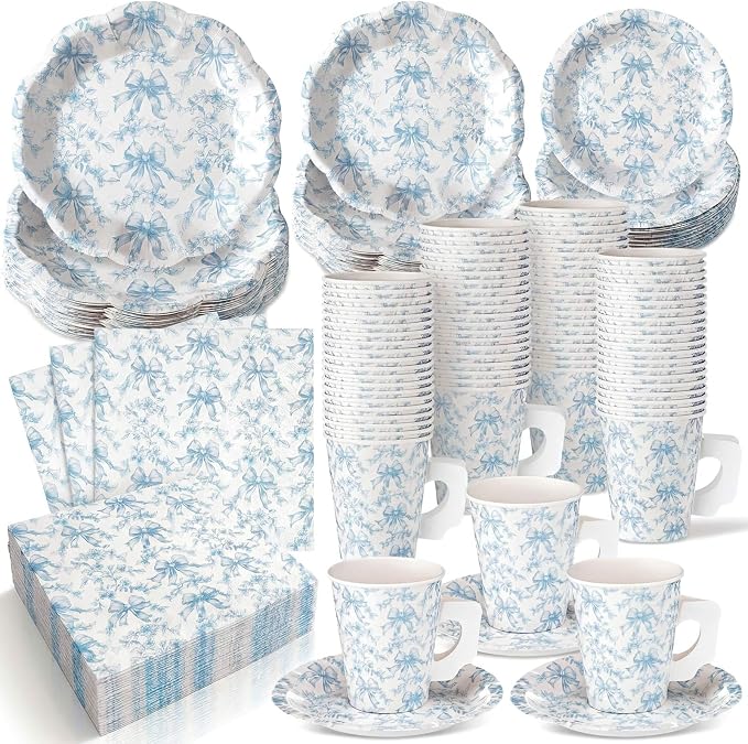 Pickmesh 252 Pcs Blue Bow Floral Tea Party Supplies by Pickmesh